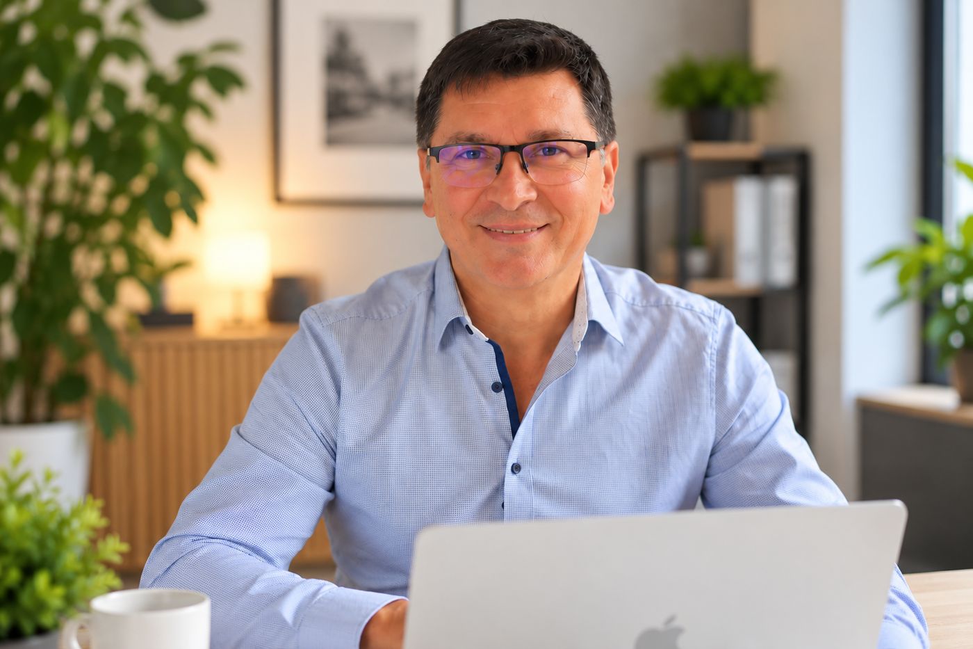Albert Molnar sitzt lächelnd an seinem Laptop